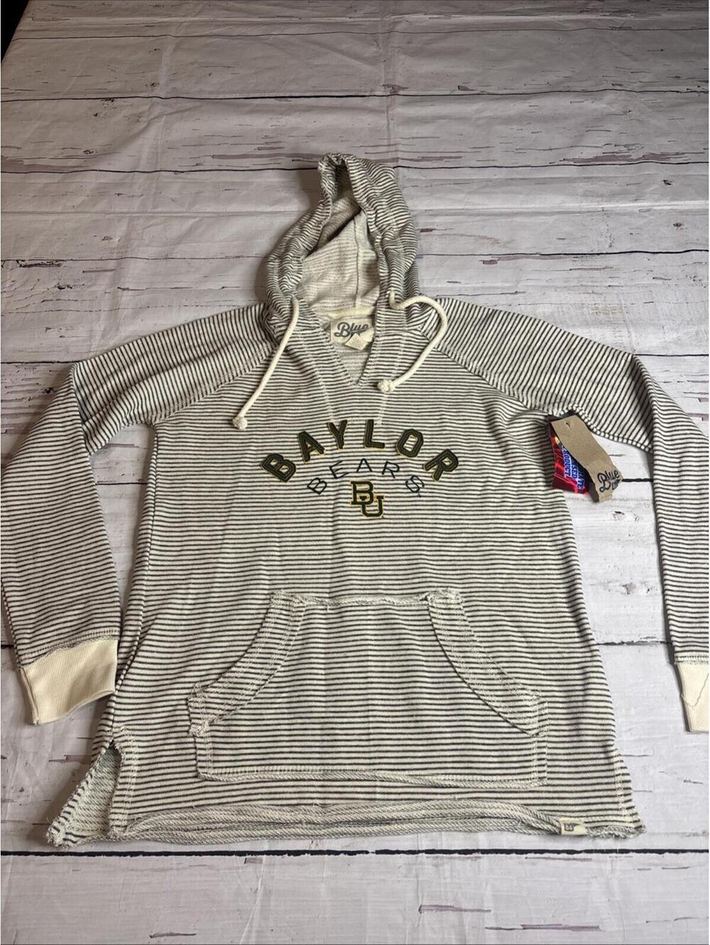 Baylor Bears Blue 84 Logo Pullover Hoodie, Cream W/Stripes Size Small (B5)